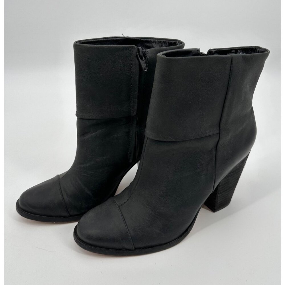 L.L Bean Signature Leather Ankle Boots Women 9M Black Stacked Heel Side Zip